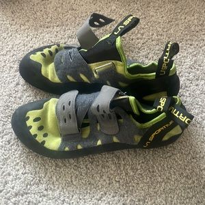 Rock climbing shoes.